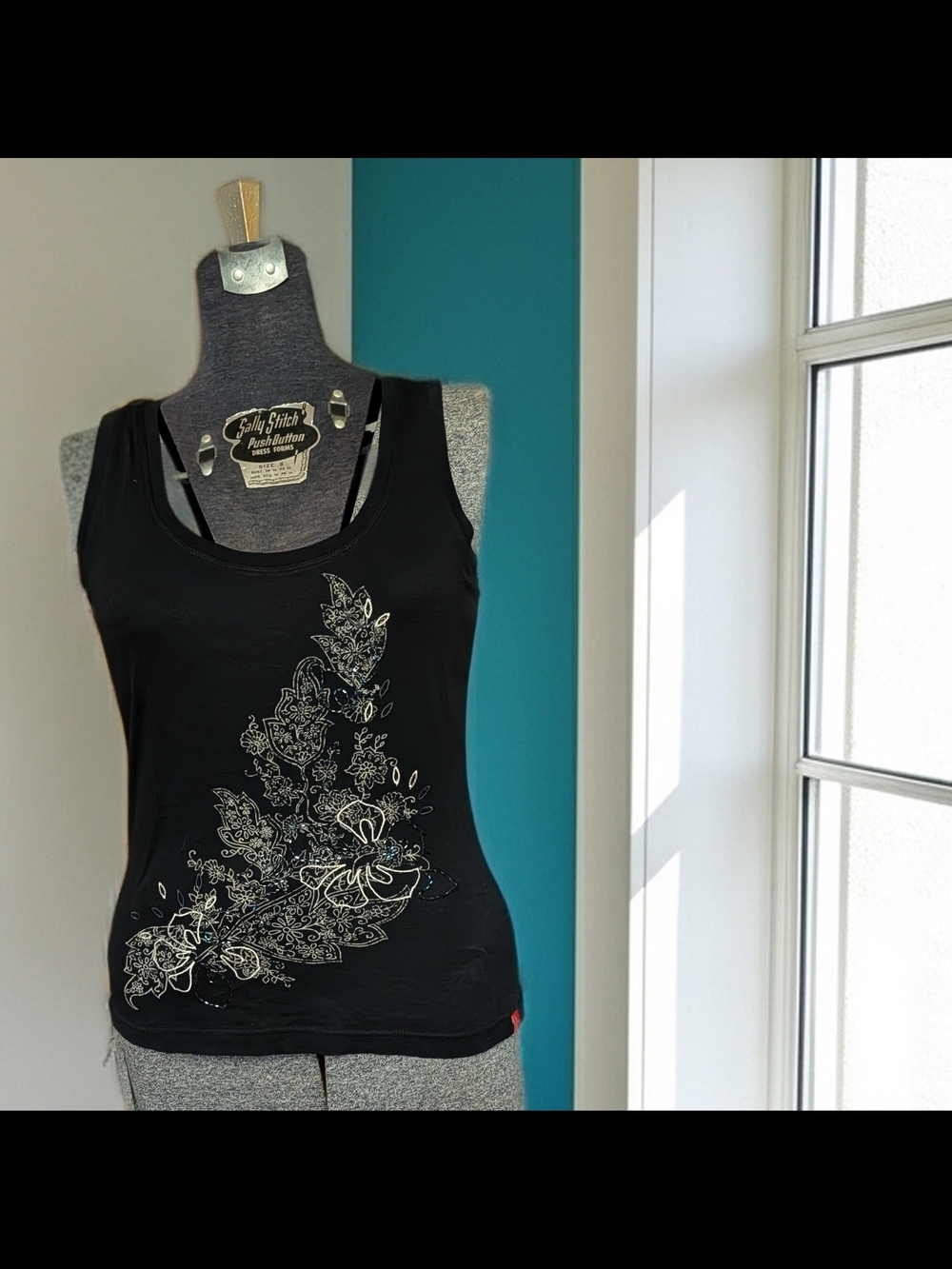Vintage 90s Esprit Black Tank Top with Embellished White Floral Print Size M